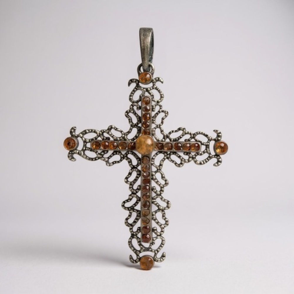 Vintage Ornate Filigree Cross Pendant w/ Amber-Tone Rhinestones